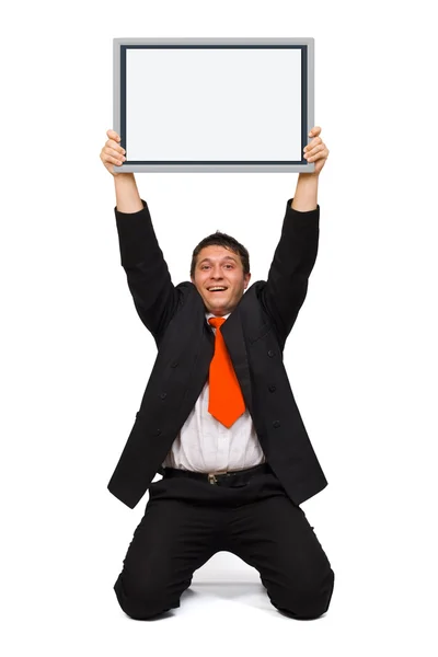 Business man holding empty board — Stock Photo, Image