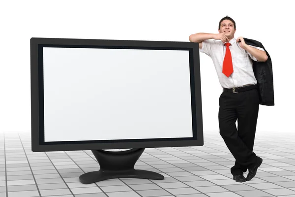 Business man - empty monitor - presentation — Stock Photo, Image