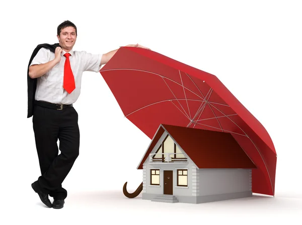 Ház biztosítás - üzletember - piros esernyő — Stock Fotó