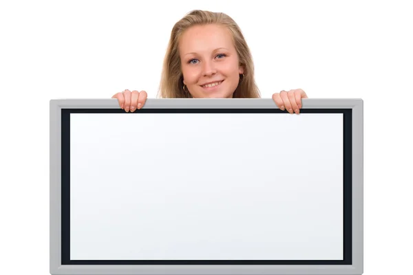 Mujer sosteniendo una tabla vacía —  Fotos de Stock