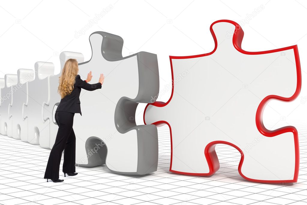 Business woman pushing big puzzle