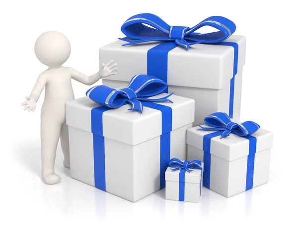 3D man - mavi hediye kutuları — Stok fotoğraf