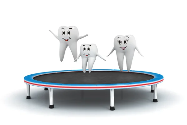 Tooth family jumping on trampoline — Stok fotoğraf