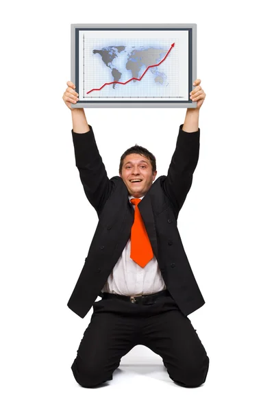 Business man holding financial chart board — Stok fotoğraf