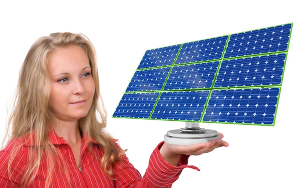 Solar panel in woman's hand — Stock Photo, Image