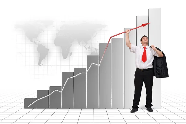 Business man holding graph arrow high up — Stockfoto