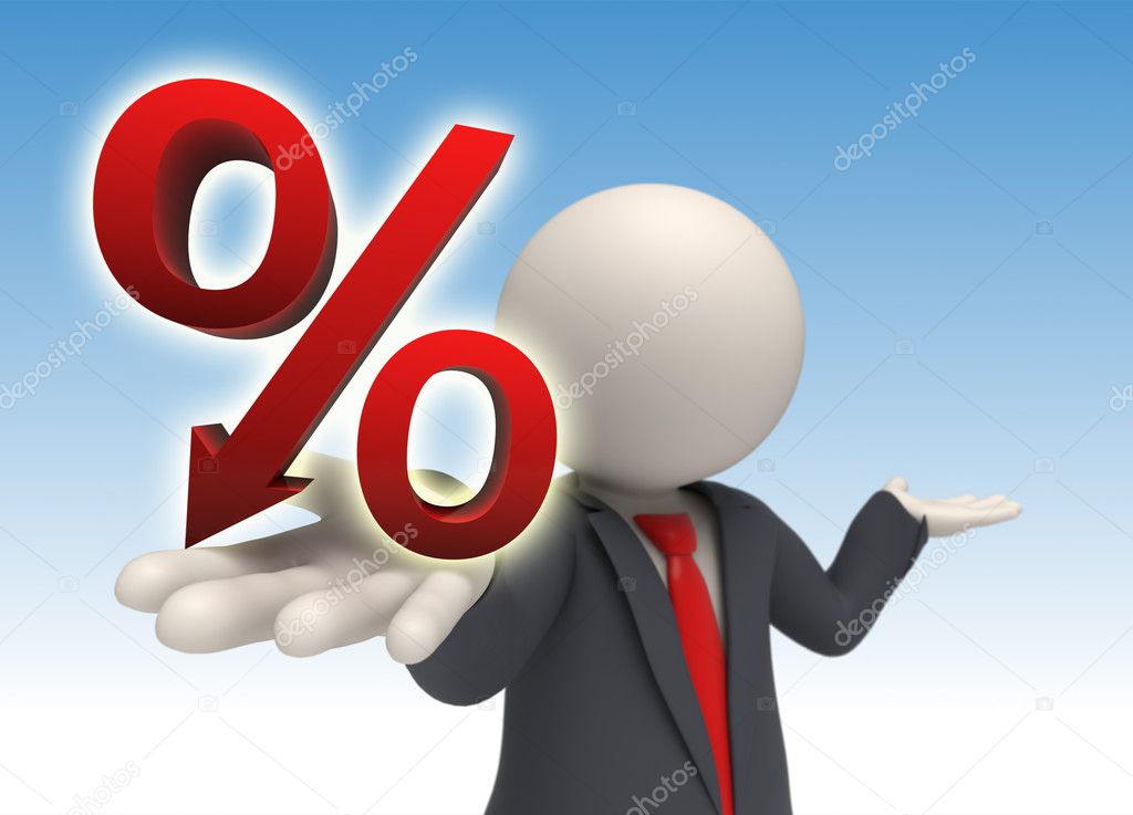 3d business man giving a big red percent sign