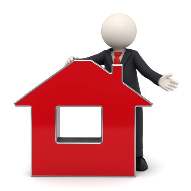 3d busines man presenting a red house clipart