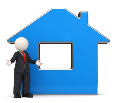 3d business man - blue house - home clipart