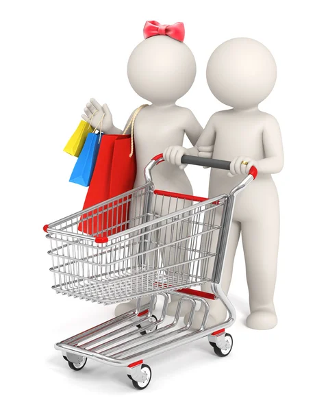 3d couple with shopping cart — Stock Photo, Image