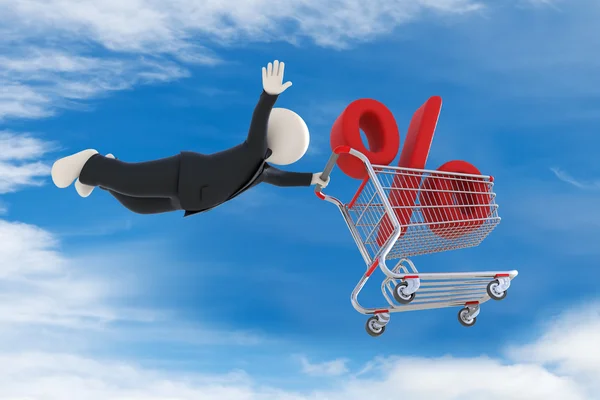 3d guy flying with shopping cart and percent sign — Stock Photo, Image