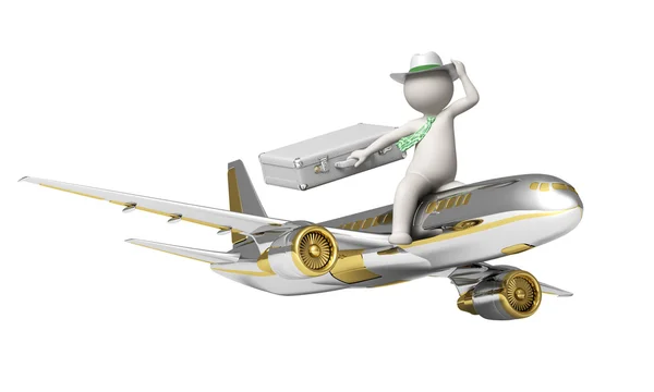 3D człowiek leci na złoto samolot — Zdjęcie stockowe