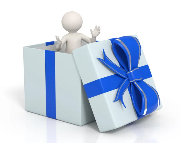 3d uomo in una scatola regalo blu - isolato — Foto Stock