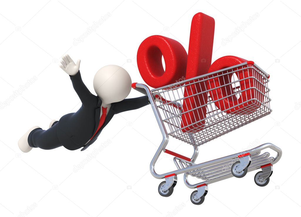 3d guy flying with shopping cart and percent sign - Isolated