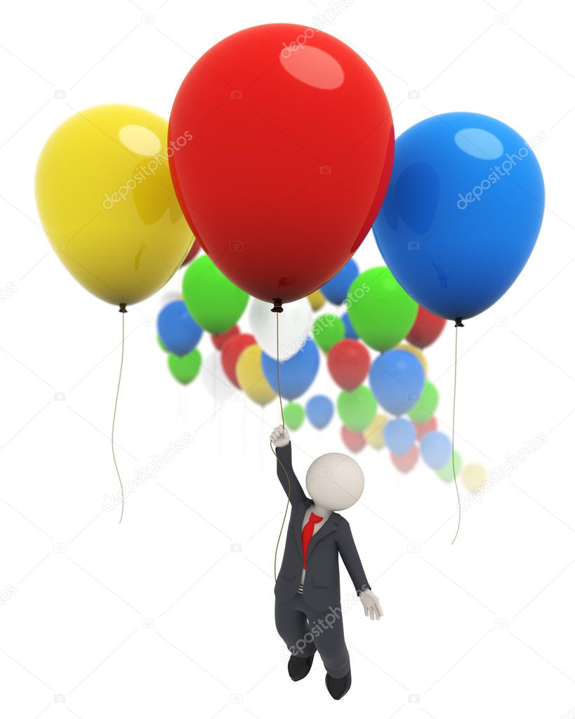 3d business man flying with colorful balloons