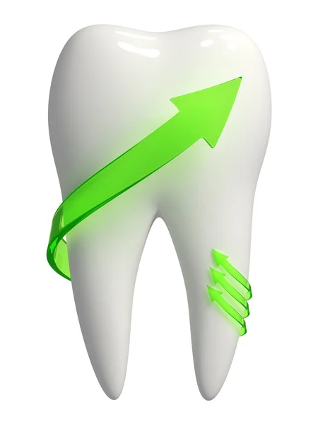 Значок белого зуба с зелеными стрелками - 3d — стоковое фото