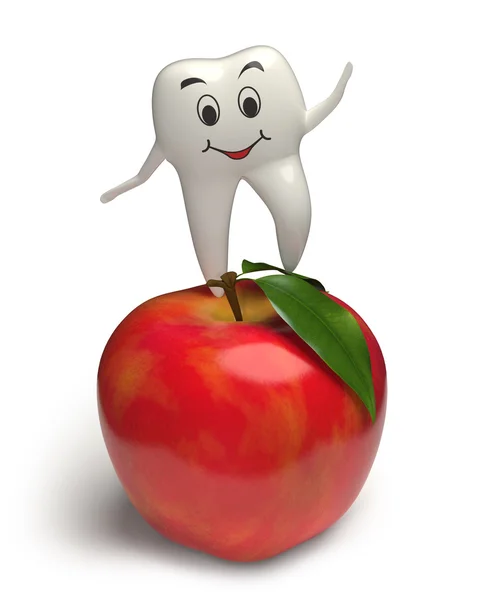 Smiling tooth jumping on a red apple - 3d — Stock Photo, Image