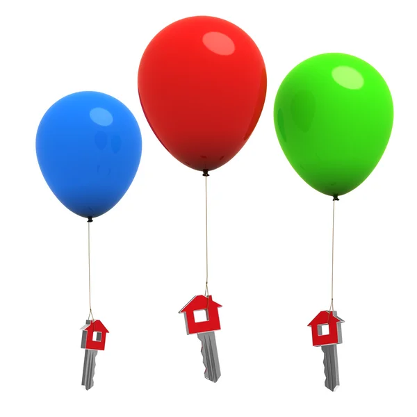 Maison ou maison clés suspendues sur des ballons colorés - 3d — Photo