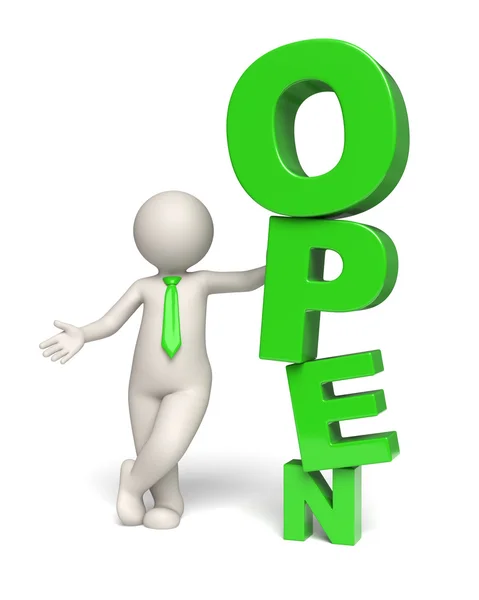 Verde icono de texto abierto - hombre de negocios 3d —  Fotos de Stock