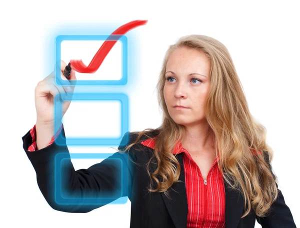 ビジネスの女性の仮想の赤いチェック マークを描画 — ストック写真