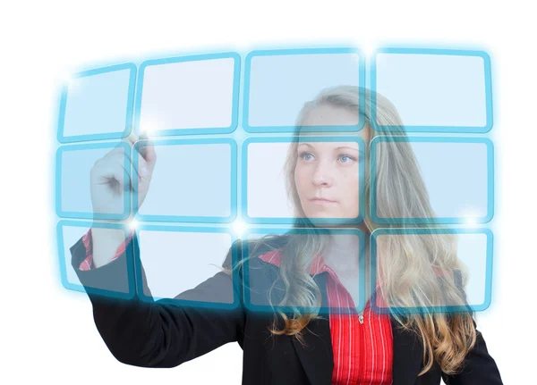 Mujer de negocios apuntando a la pantalla virtual azul vacía —  Fotos de Stock