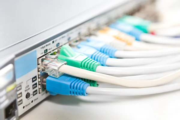 Сетевые кабели, подключенные к маршрутизатору, мелкие DOF — стоковое фото