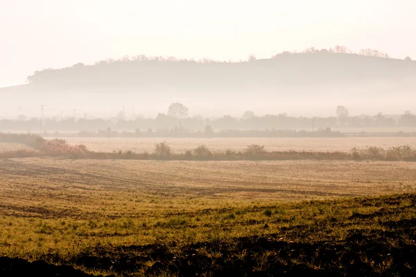 Туманное утро с далеким холмом — стоковое фото