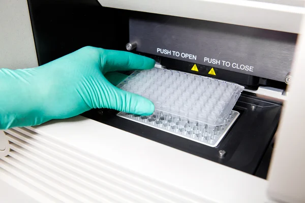 Green gloves, Thermal PCR cycler, DNA copy, wide — Stock Photo, Image