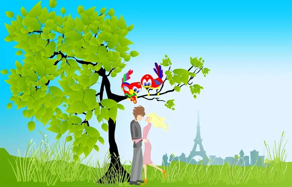 Chica y niño en una cita bajo el árbol — Vector de stock