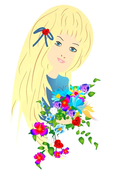 Girl with flowers, — Stock Vector