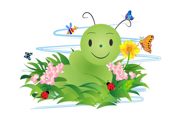 Oruga de primavera rodeada de insectos y flores — Vector de stock