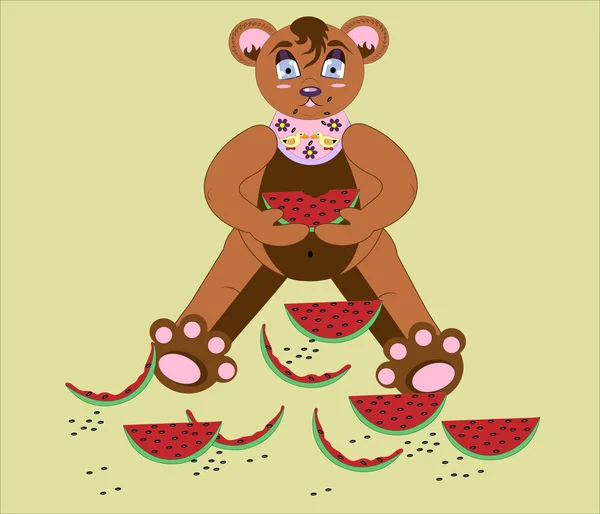 Bear and a water-melon. — Stock Vector