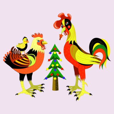 Family of hens and fur-tree. clipart