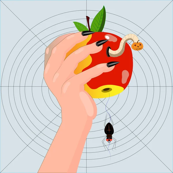 Рука с яблоком, съеденным червяком . — стоковый вектор