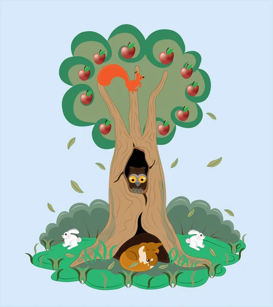 Apple-trädet och dess djur. — Stock vektor