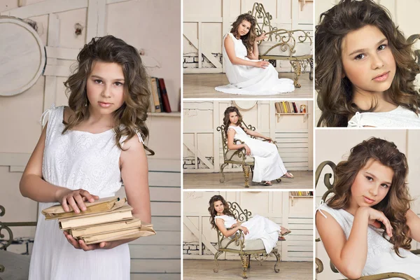 Dívka s knihy koláž — Stock fotografie