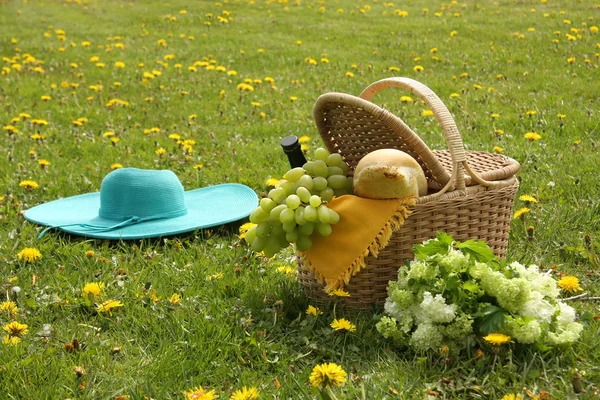 Cestino da picnic con vino, uva e pane francese — Foto Stock