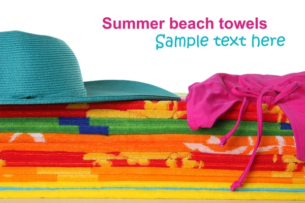 stock image Beach towels, hat and bikini