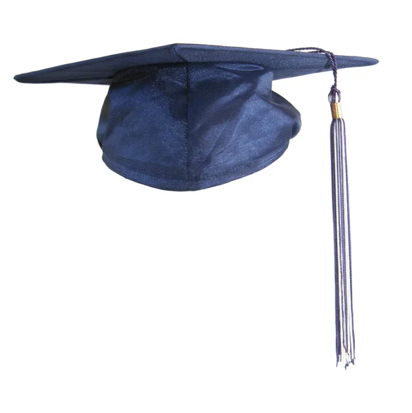 Boné de graduação azul, isolado em branco — Fotografia de Stock