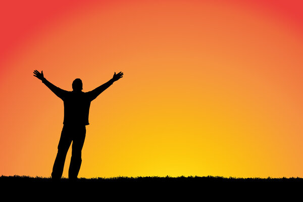 "Faith" Man with arms outstretched to a sunset sky