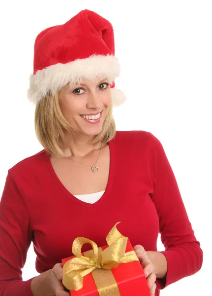Christmas lady and a present. — Stock Photo, Image