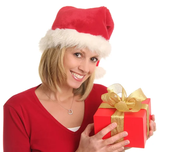 Christmas lady and a gift — Stock Photo, Image