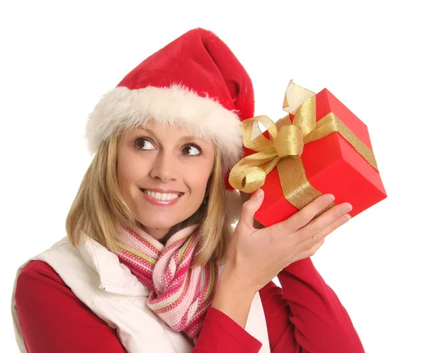 Santa hölgy, és az ajándék — Stock Fotó