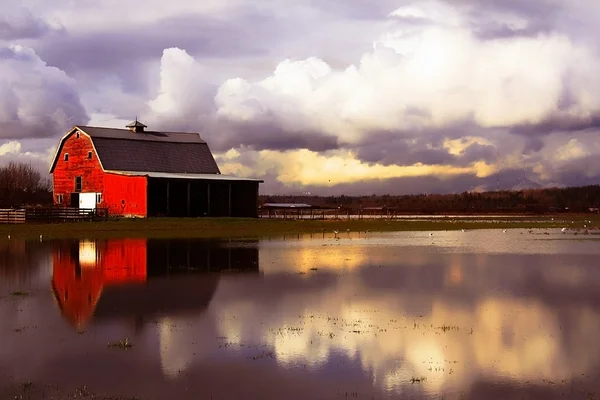 Flooded red barn — Stock Photo, Image