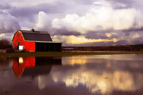 Flooded red barn