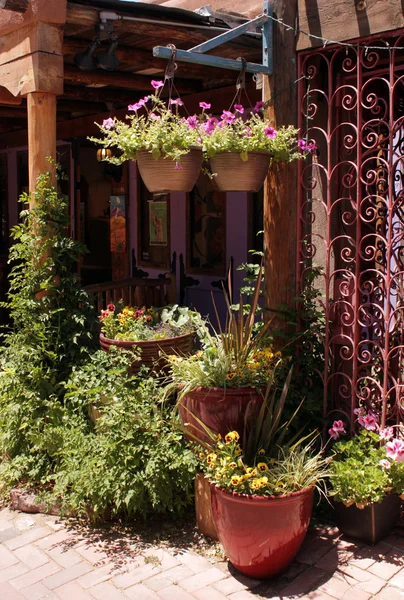 Trädgården? eramic blomkruka med växter och blommor — Stockfoto