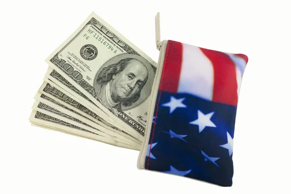 100 달러 지폐와 미국 국기 지갑 스톡 이미지