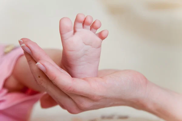 Mödrar hand och barnets fötter — Stockfoto
