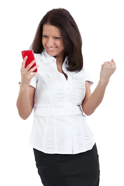 Business woman with a red phone. Isolated on the white backgroun — Stock Photo, Image