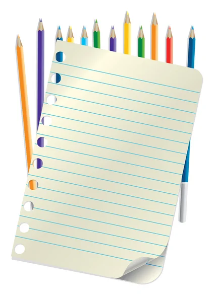 Papierbogen und Bleistiftfarben des Regenbogens — Stockvektor